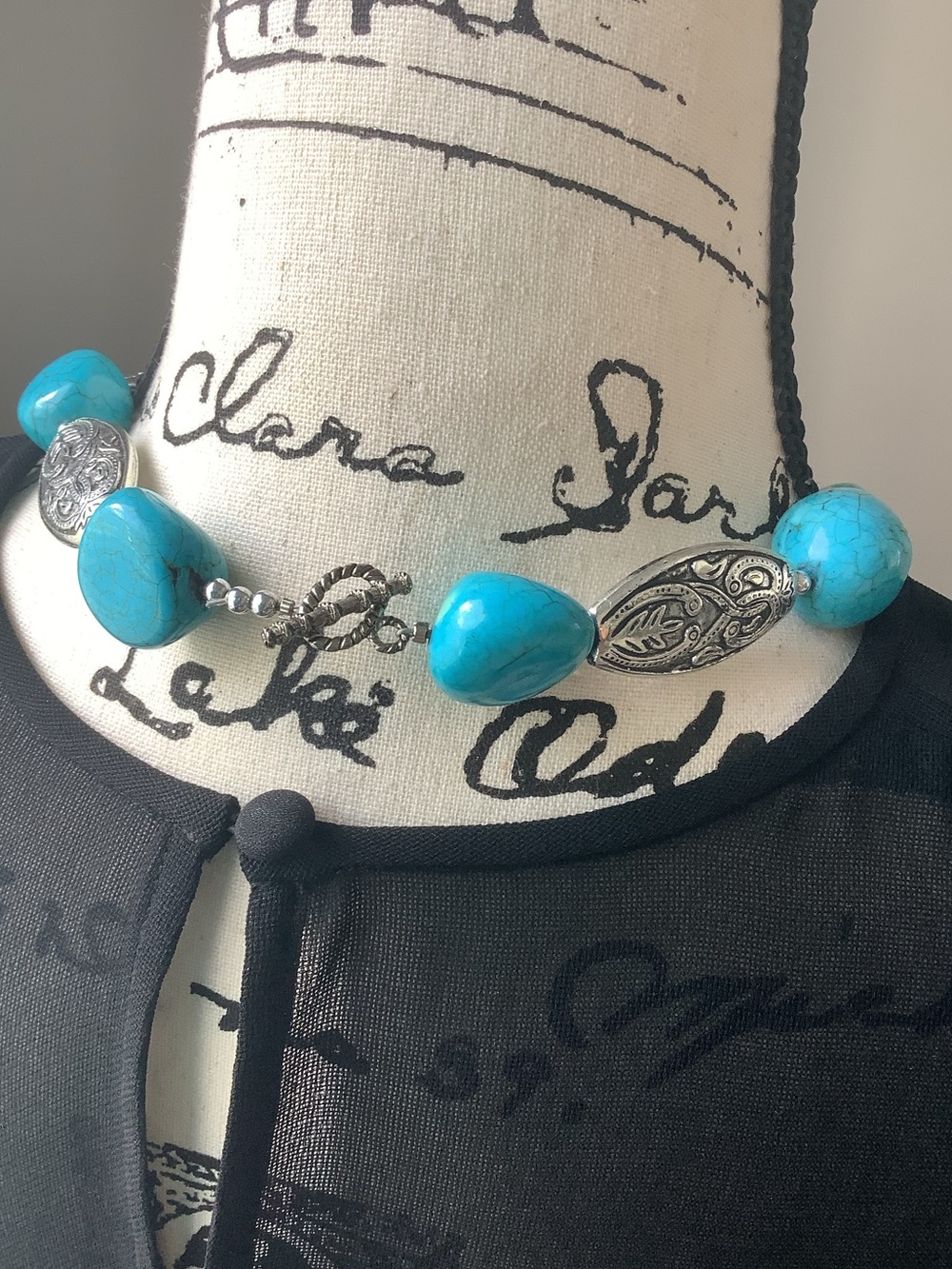 Turquoise Bead and Silver-Plated Statement Necklace - Blue heavy weighted - Picture 2 of 2